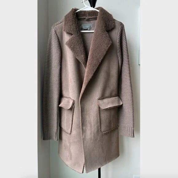 Anthropologie Brown Piper Open Front Faux Fur Trim Ribbed Sweater Coat - Size XS - Picture 5 of 11